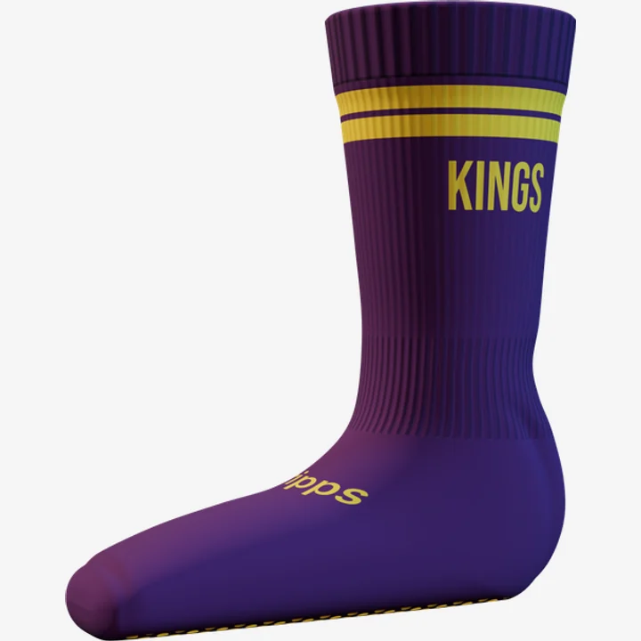 An example performance athletic basketball grip sock in purple and yellow, with the club name KINGS