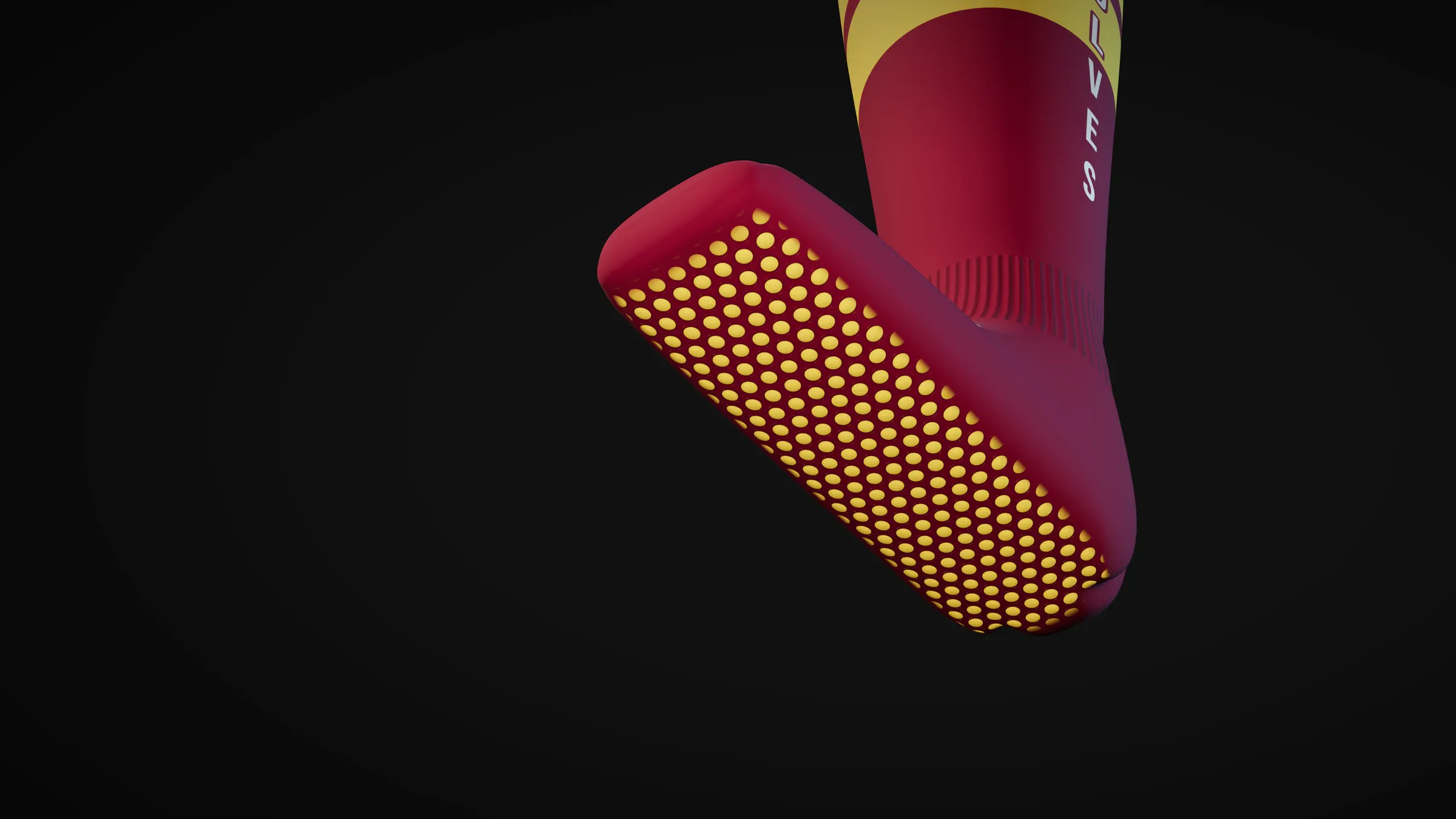 The grip sole of a maroon iGripps football sock, close up